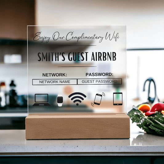 Wifi Password Sign, Acrylic Wifi Sign Custom Name or Logo, Guest Wifi Sign Airbnb VRBO Vacation Rental Hotel Motel Salon Bar, Wood Base