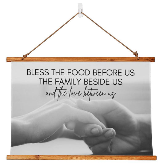 Bless the Food Before Us | Horizontal Wall Tapestry with Hands Grayscale